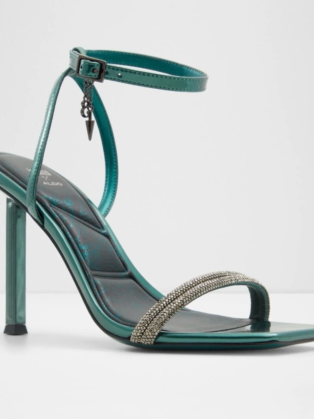 Aldo Wicked Metallic Teal Ankle-Strap Stiletto with Crystal Toe Band